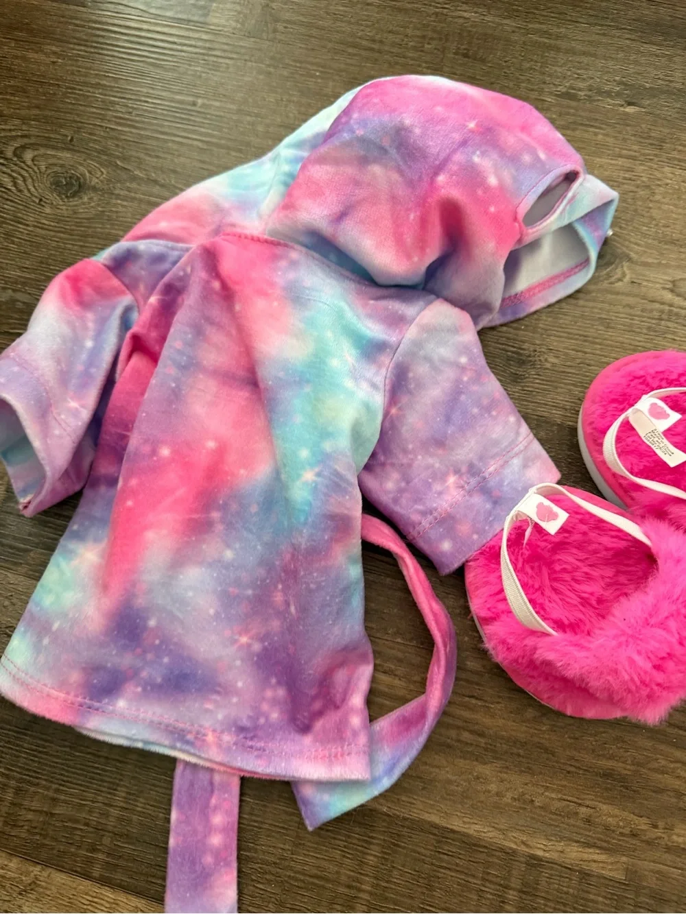 Build-A-Bear fuzzy tie dye robe and matching pink fuzzy slippers set